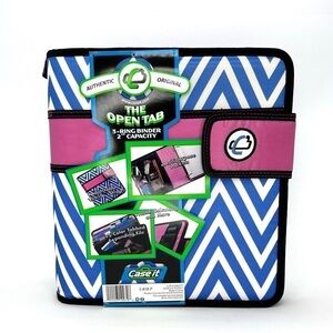 Case-It “The Open Tab” 2” Three Ring Binder Blue & White Chevron w/Pink New NWT